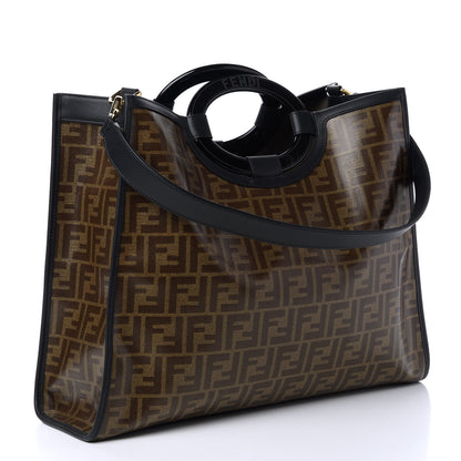 Fendi Glazed Fabric Vitello Century Plexiglass FF 1974 Stamp Patch Medium Runaway Shopper Tote Mogano Panna Black 3 of 10