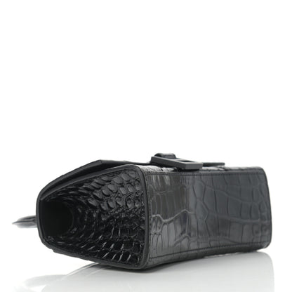 Balenciaga Shiny Calfskin Monochrome Crocodile Embossed Hourglass Top Handle Bag XS Black 4 of 13