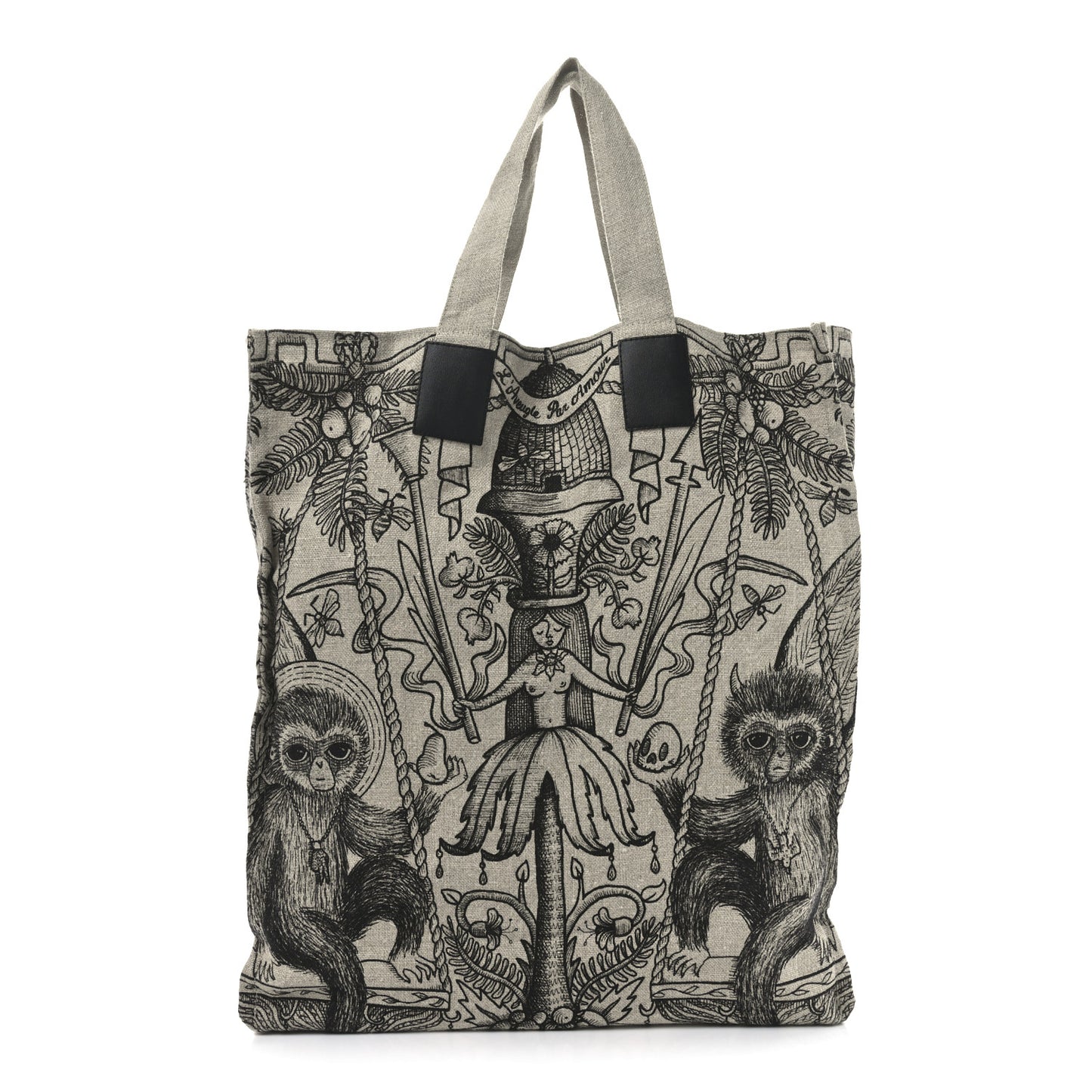 X JAYDE FISH Linen Garden Vertical Tote Black Beige