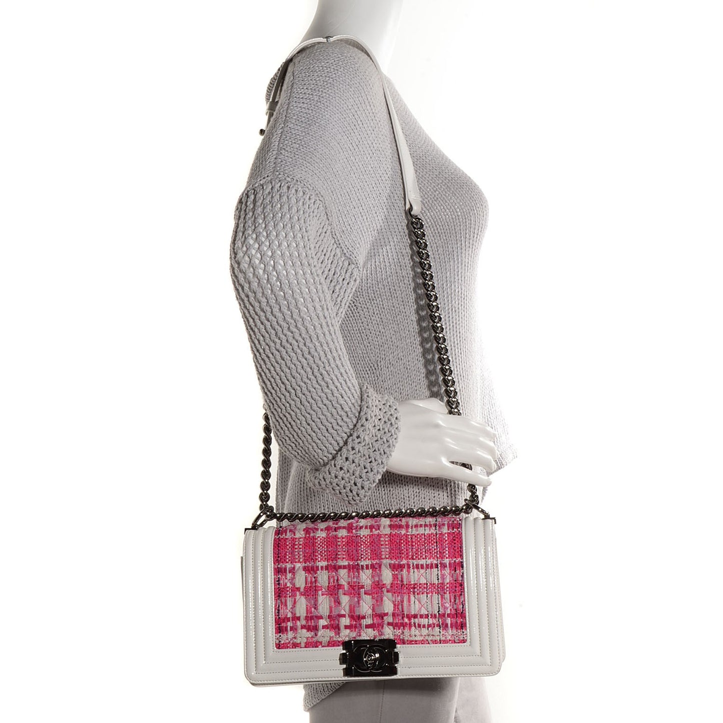 Patent Tweed Medium Boy Flap White