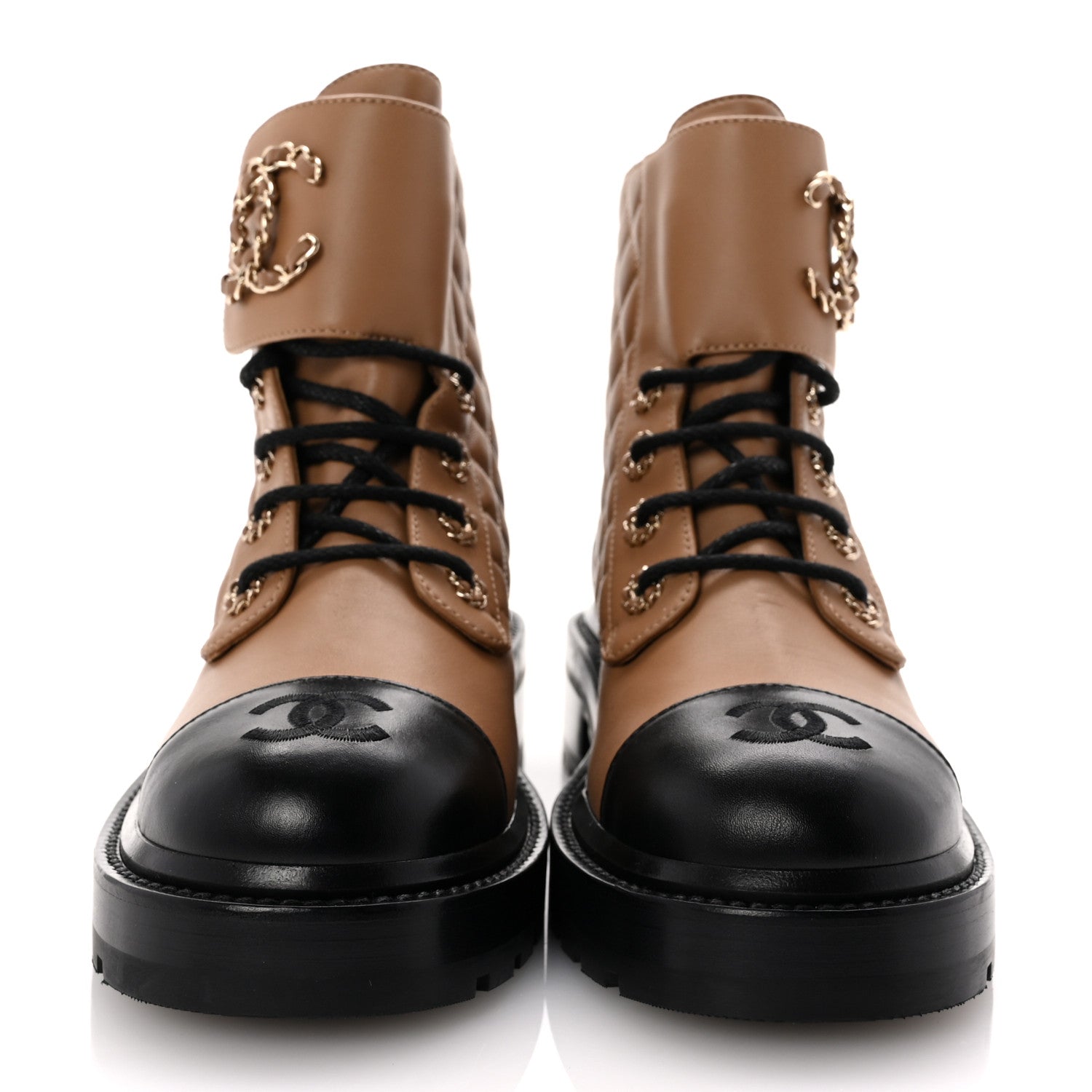 Chanel Lambskin Calfskin Quilted Lace Up Combat Boots 37.5 Light Brown Black 3 of 10