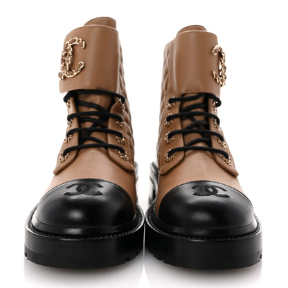 Chanel Lambskin Calfskin Quilted Lace Up Combat Boots 37.5 Light Brown Black 3 of 10