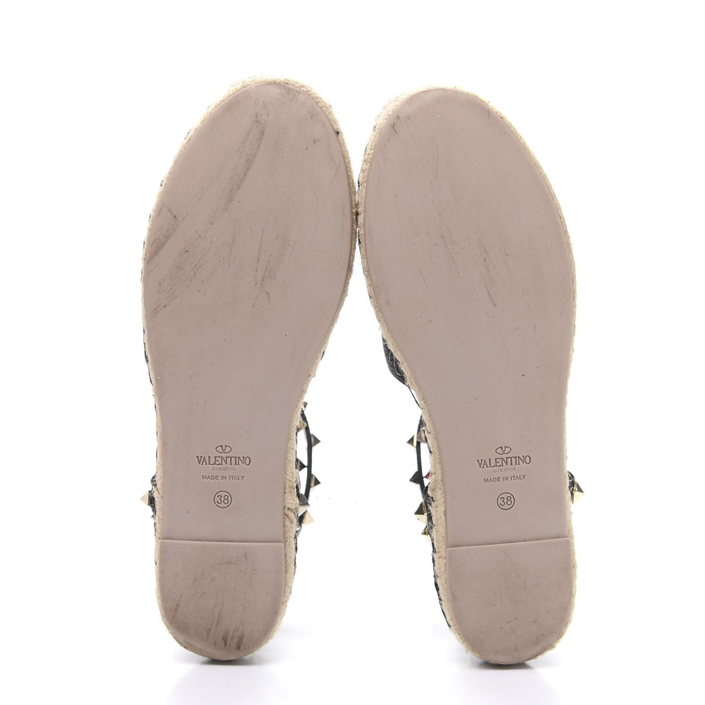 Grained Calfskin Rockstud Ankle Wrap Espadrille 20mm Flats 37 Black Natural