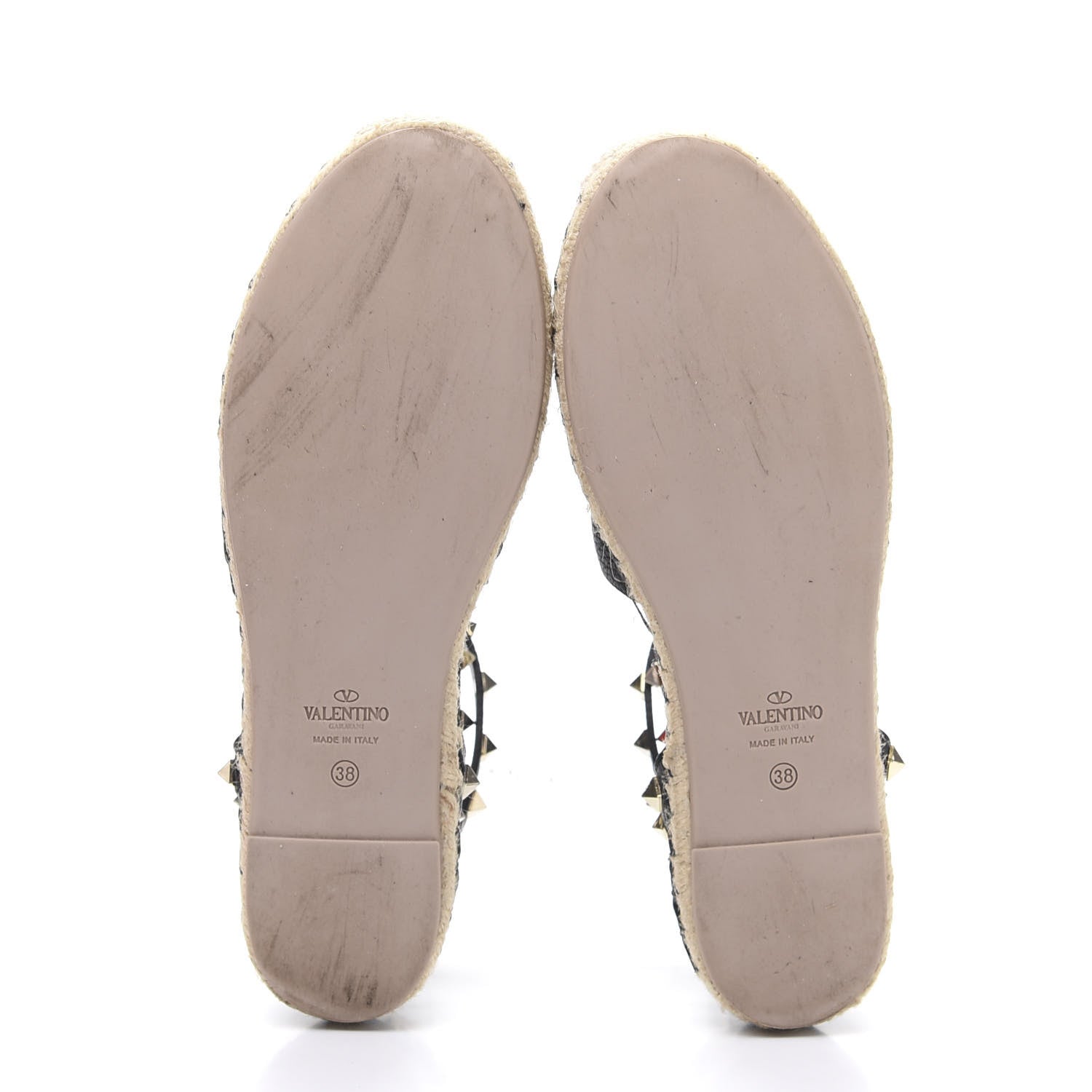 Valentino Garavani Grained Calfskin Rockstud Ankle Wrap Espadrille 20mm Flats 37 Black Natural 5 of 7