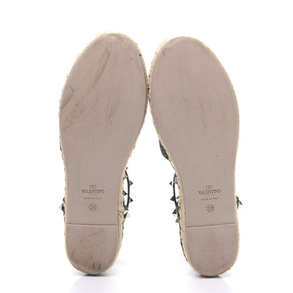 Valentino Garavani Grained Calfskin Rockstud Ankle Wrap Espadrille 20mm Flats 37 Black Natural 5 of 7