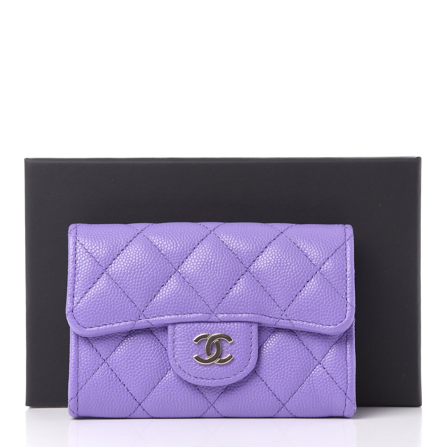 Caviar Quilted Flap Card Holder Wallet Purple
