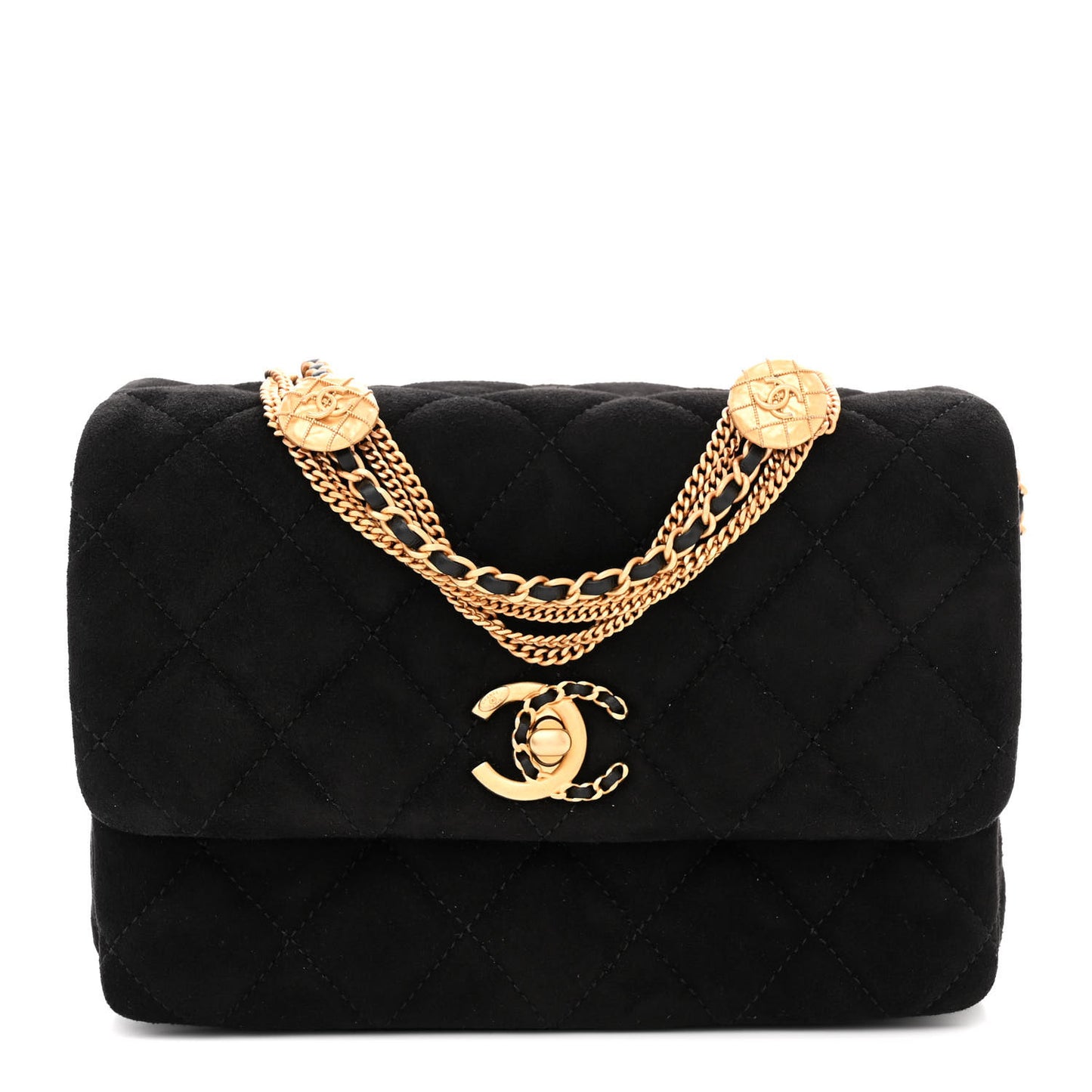 Suede Quilted Mini Medallion Multi Chain Flap Black