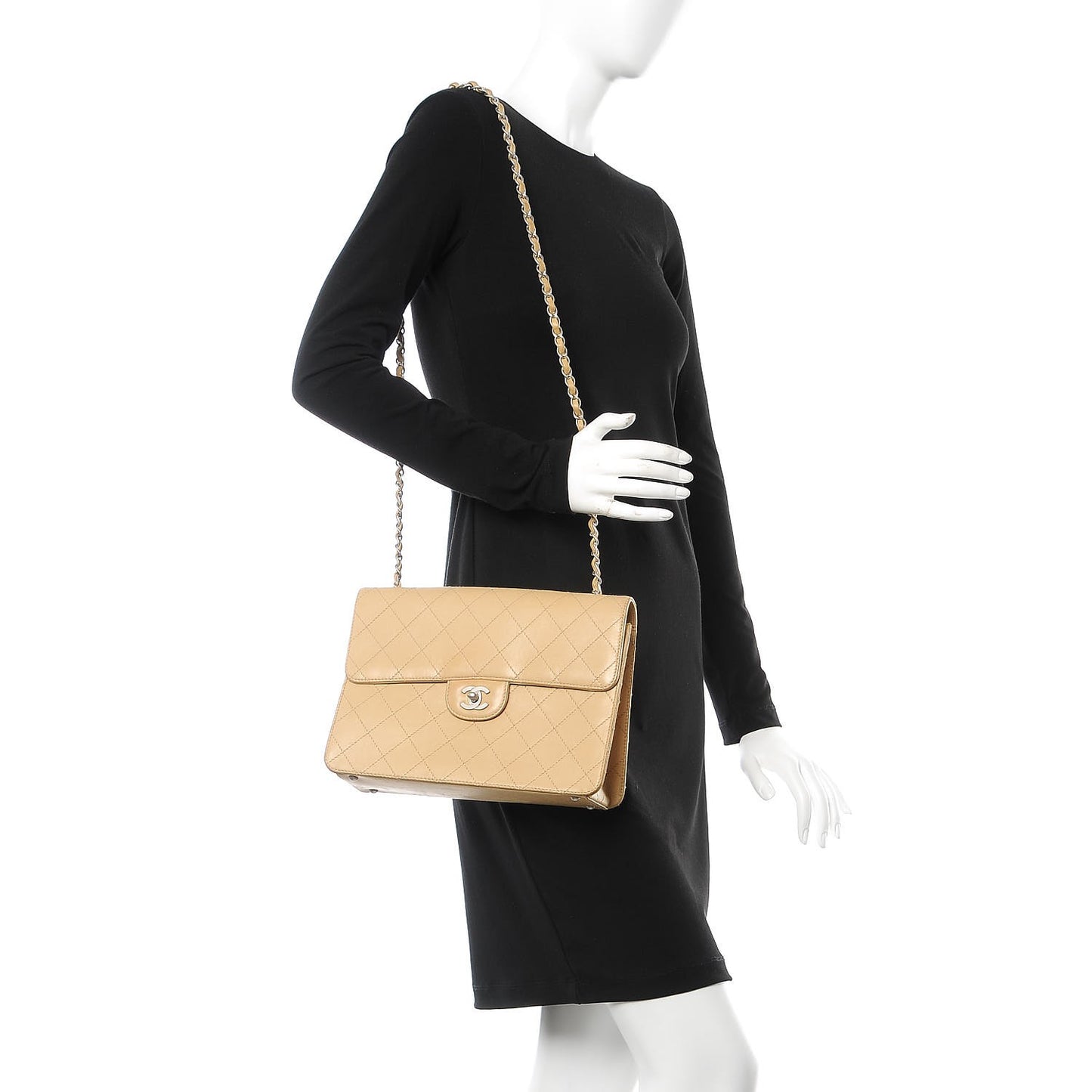 Lambskin Stitched Jumbo Single Flap Beige