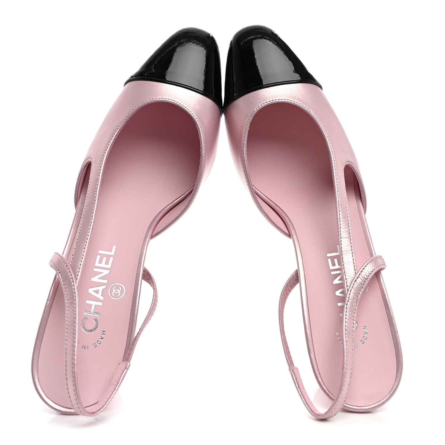 Chanel Laminated Lambskin Patent Cap Toe CC Slingback Pumps 39.5 Light Pink Black 5 of 9