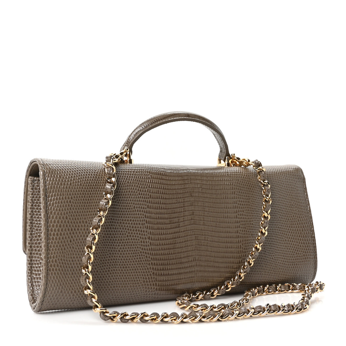 Chanel Calfskin Lizard Embossed Top Handle Long Clutch With Chain Dark Khaki 3 of 12