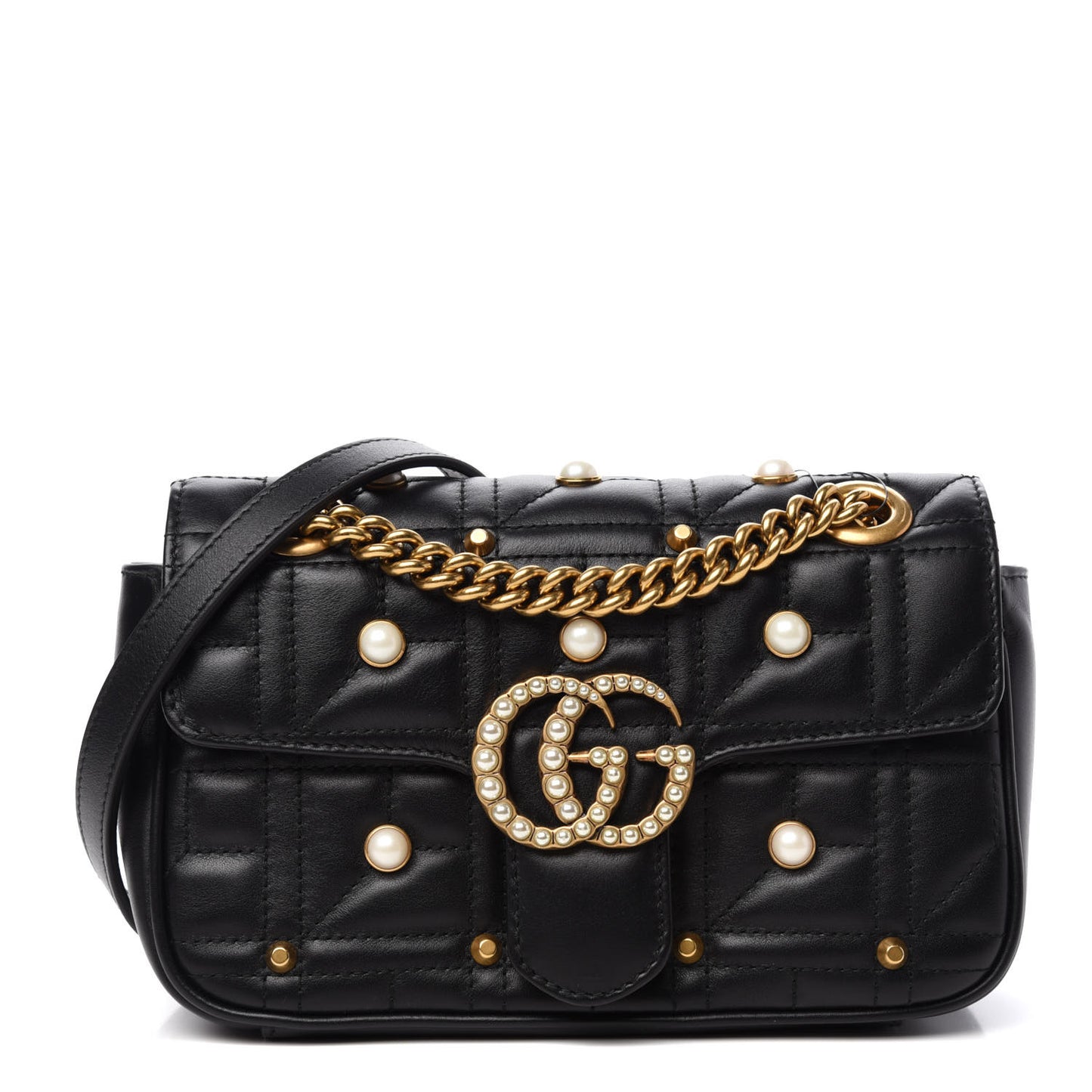 Calfskin Matelasse Studded Mini Pearly GG Marmont Shoulder Bag Black