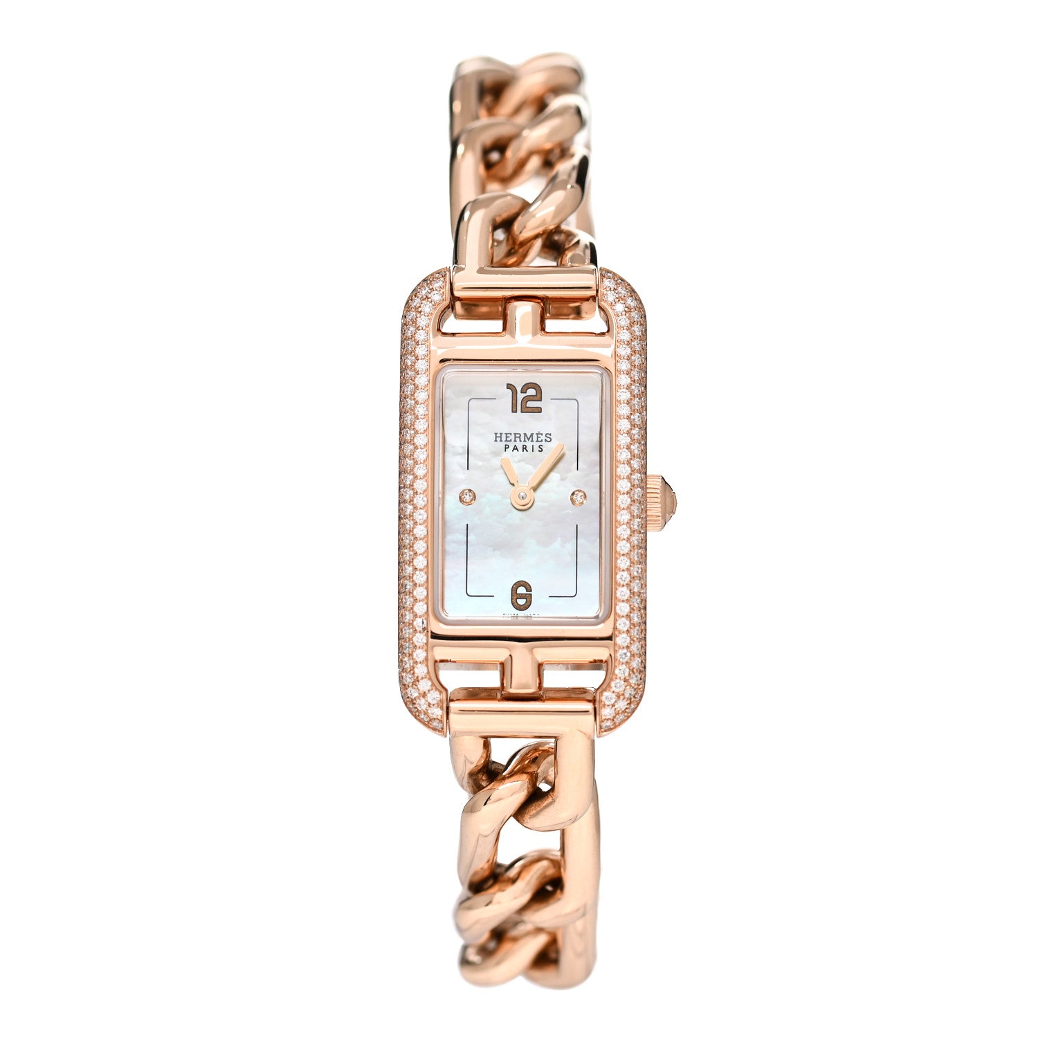 Hermes 18K Rose Gold Diamond Mother of Pearl 17mm Nantucket Quartz Watch 1 of 5