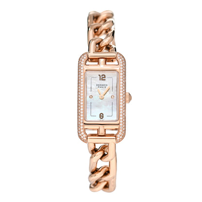 Hermes 18K Rose Gold Diamond Mother of Pearl 17mm Nantucket Quartz Watch 1 of 5