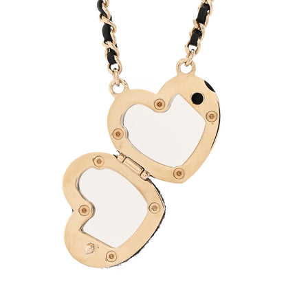 Chanel Tweed Lambskin CC Heart Locket Necklace Gold Black Beige 5 of 9