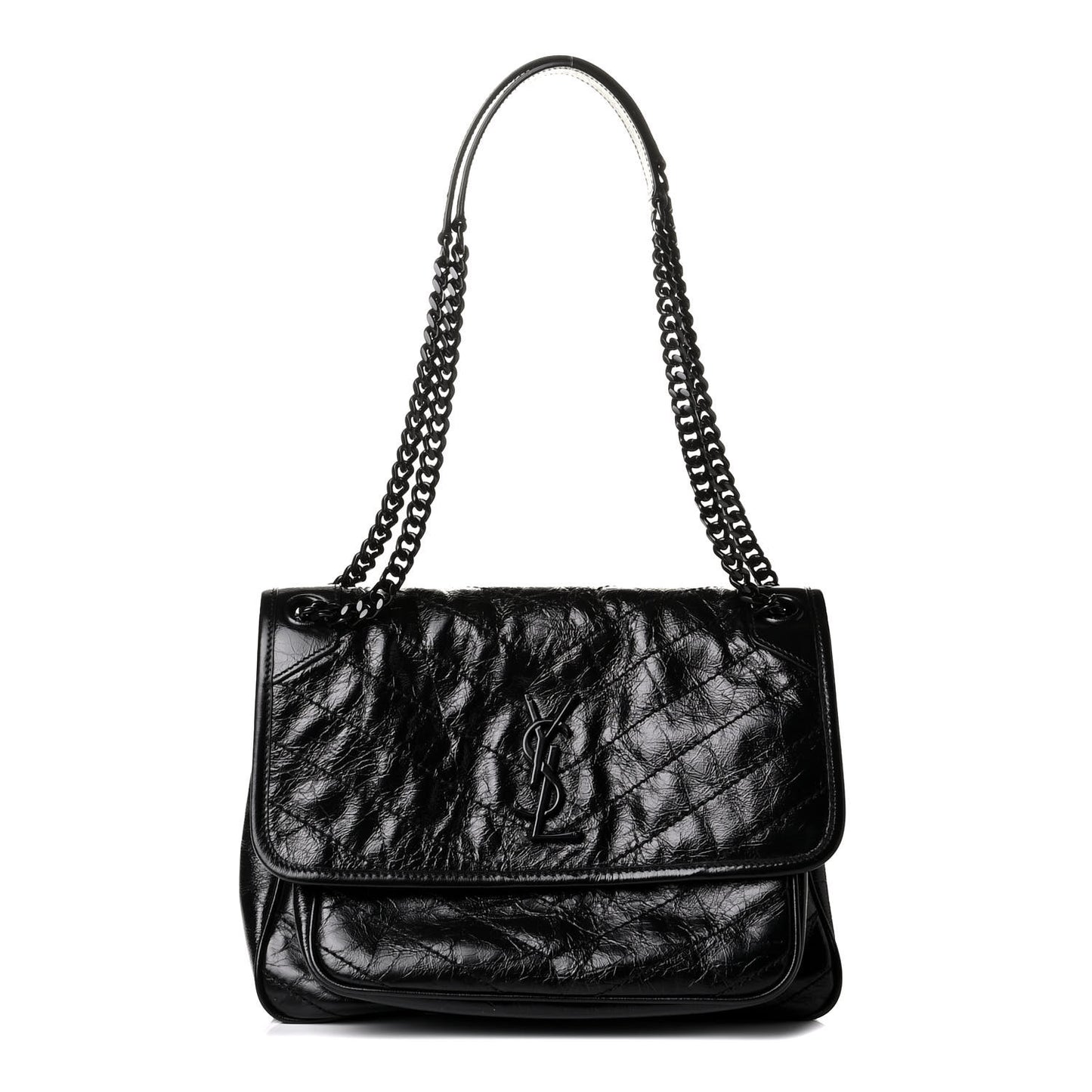 Crinkled Calfskin Matelasse Monogram Medium Niki Chain Satchel Black