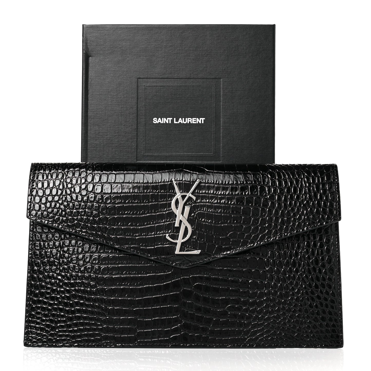 Calfskin Crocodile Embossed Uptown Monogram Clutch Black