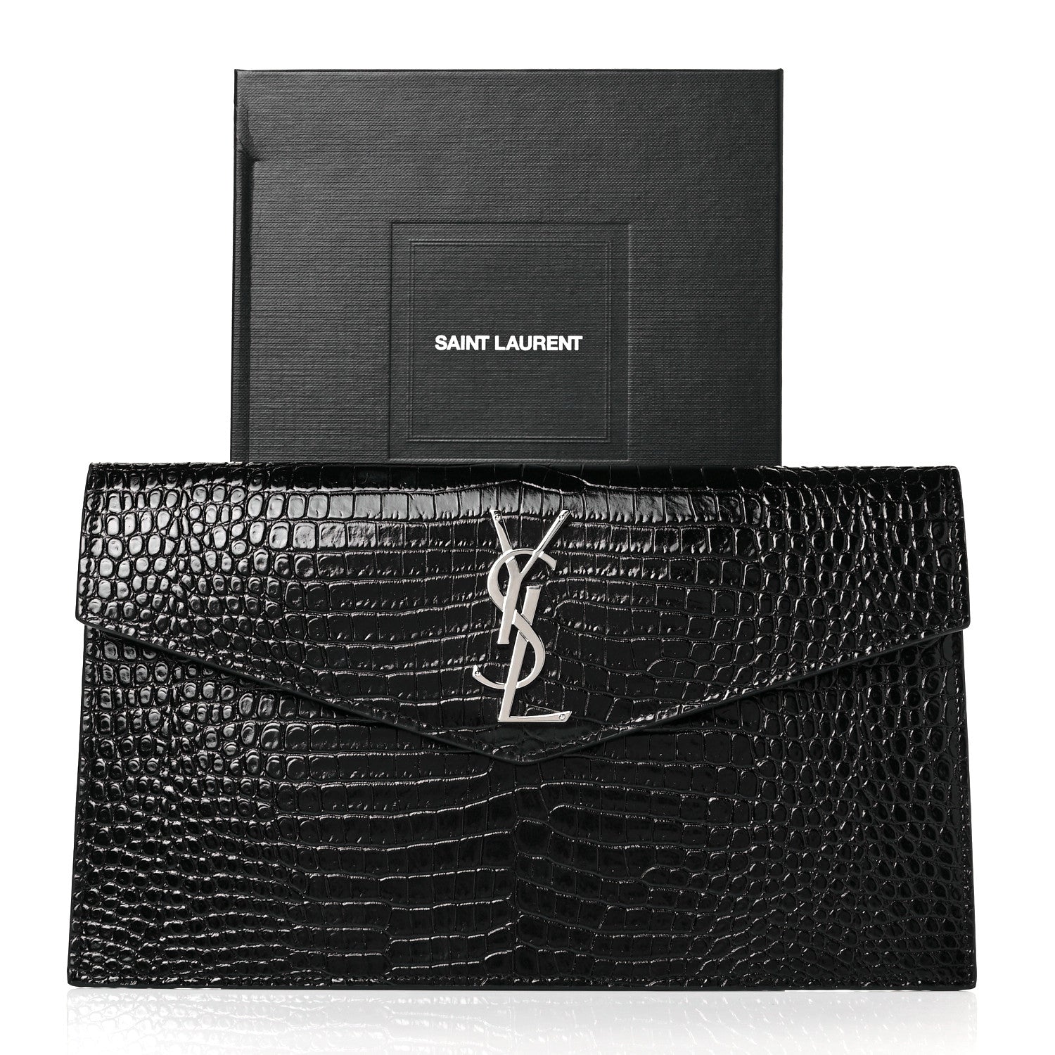 Saint Laurent Calfskin Crocodile Embossed Uptown Monogram Clutch Black 9 of 9