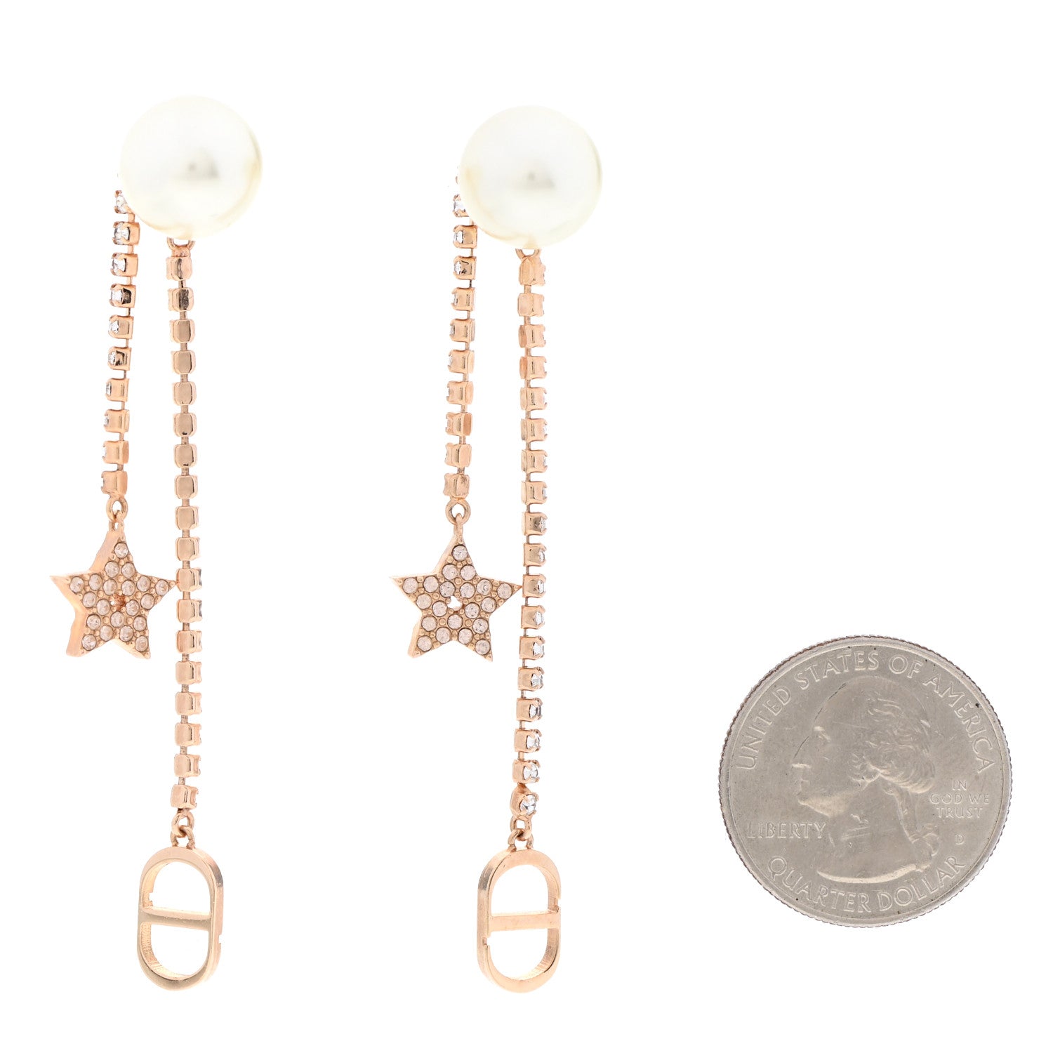 Christian Dior Pearl Crystal Star Tribale Dangle Chain Earrings Rose Gold 1 of 4