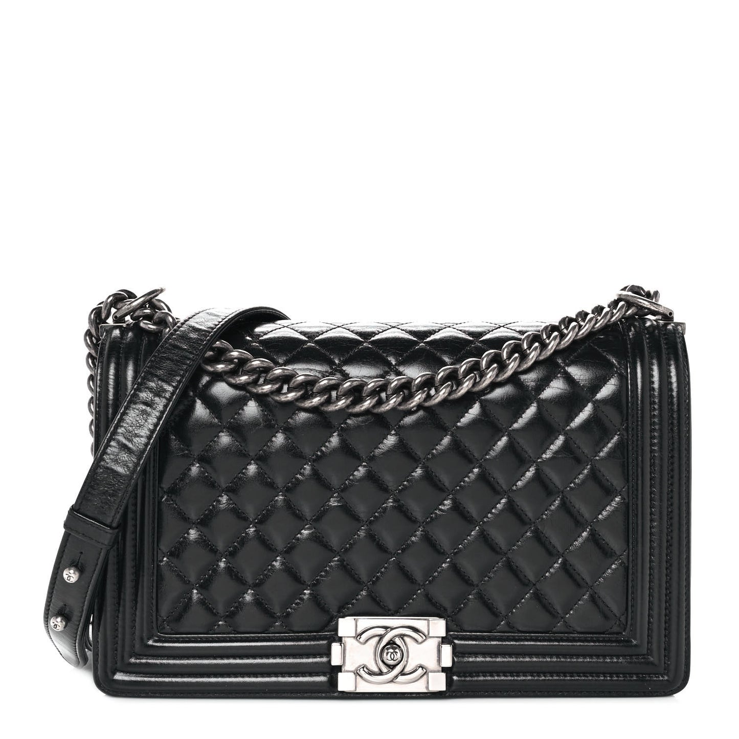 Glazed Calfskin Quilted New Medium Boy Flap Black