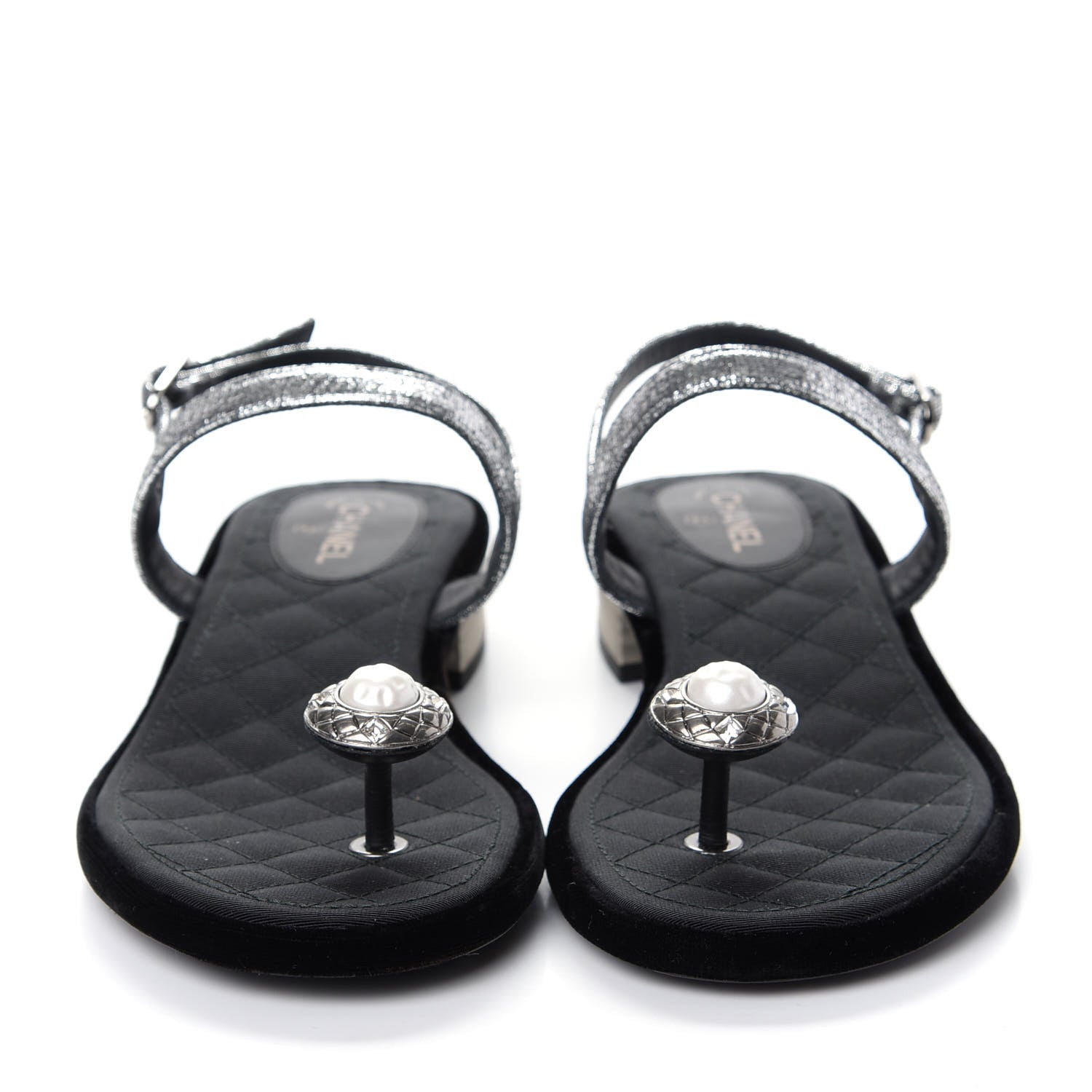 Chanel Metallized Goatskin Pearl CC Thong Sandals 37.5 Silver 2 of 10