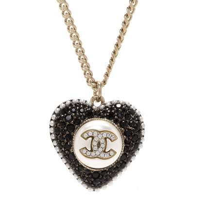 Chanel Pearl Crystal CC Heart Necklace Gold Pearly White Black 4 of 6