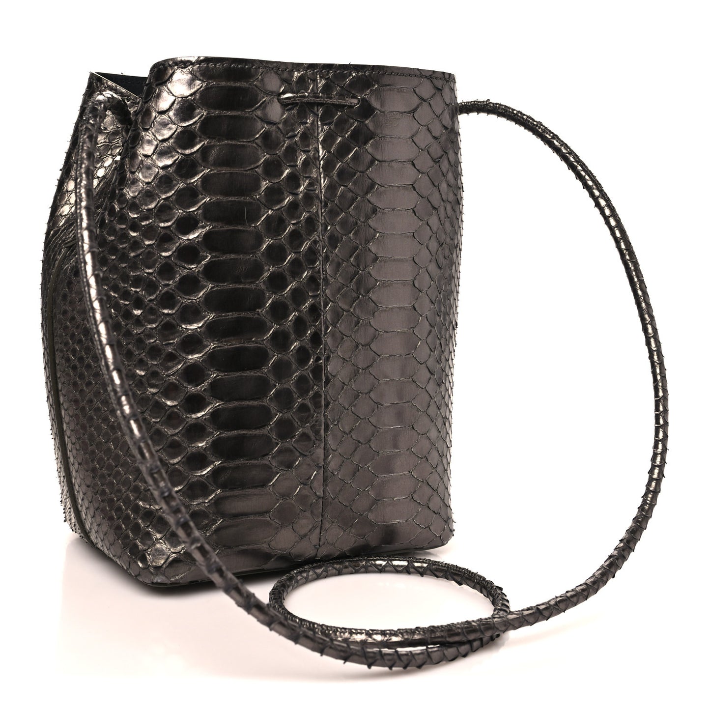 Metallic Snakeskin Small Double Tassel Bucket Bag Silver