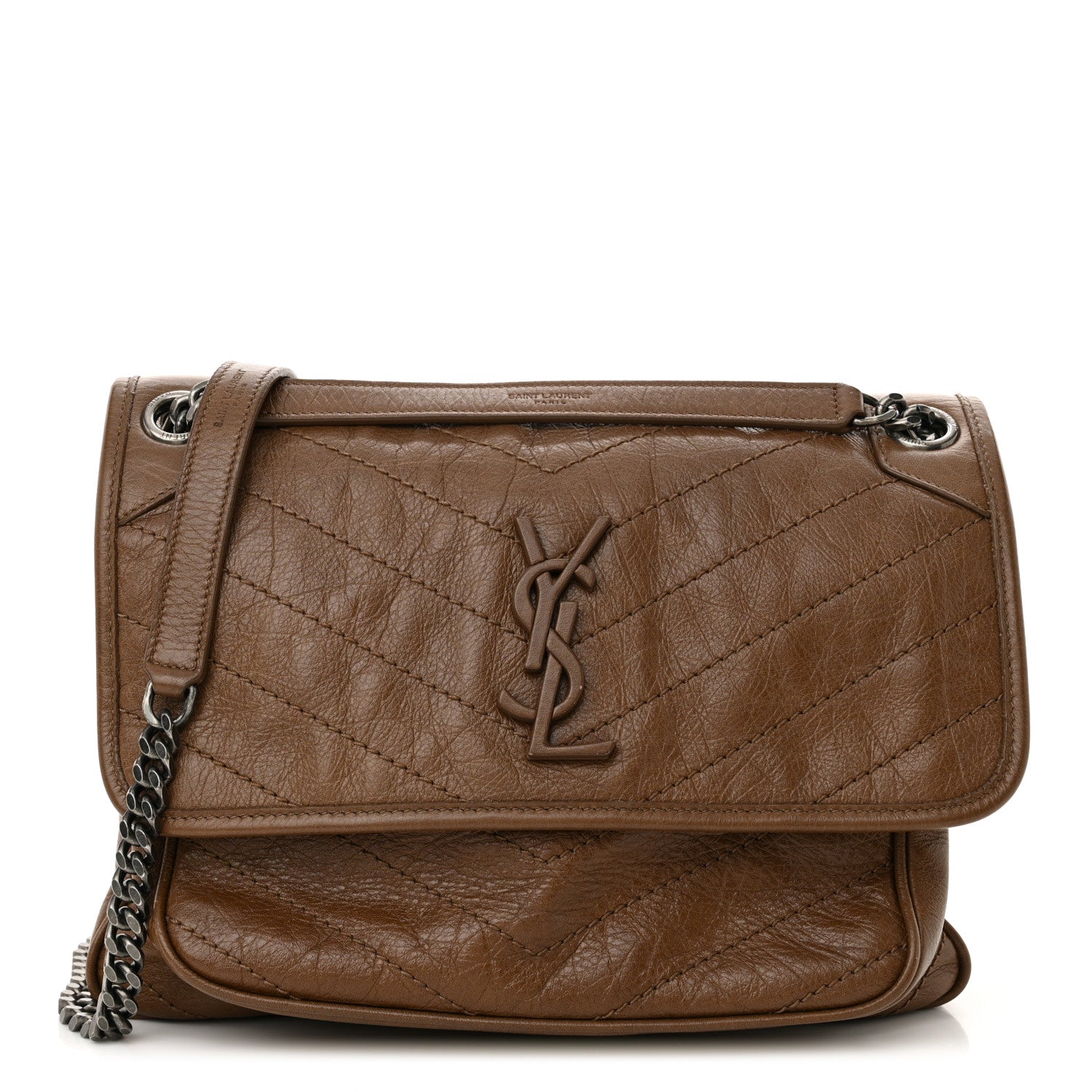 Saint Laurent Crinkled Calfskin Matelasse Monogram Medium Niki Chain Satchel Tan Brown 1 of 11