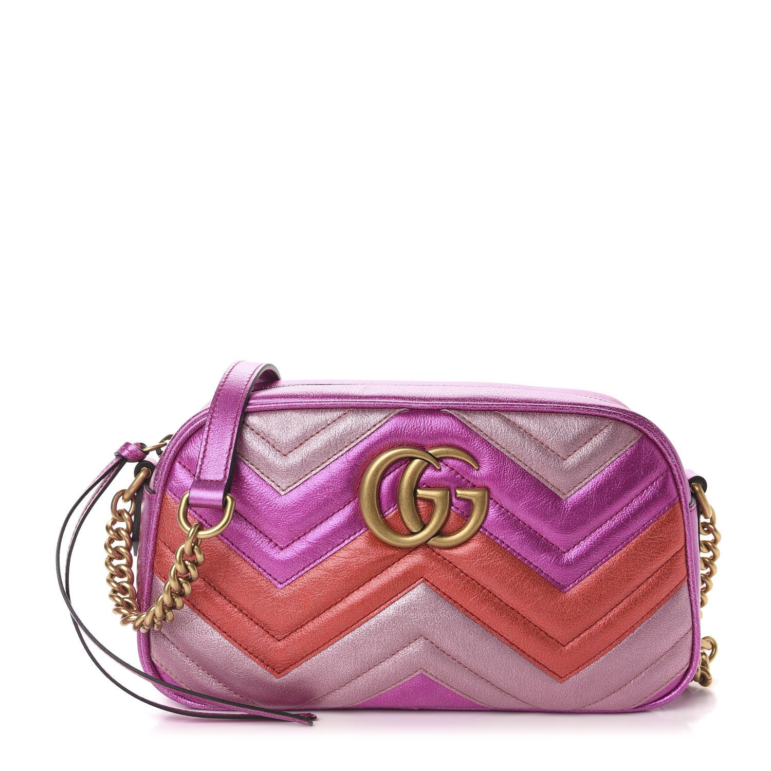 Gucci Laminated Nappa Matelasse Small GG Marmont Chain Shoulder Bag Fuxia Rosso Rosa 1 of 10