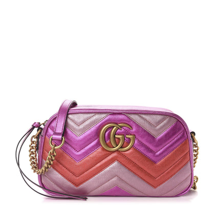 Gucci Laminated Nappa Matelasse Small GG Marmont Chain Shoulder Bag Fuxia Rosso Rosa 1 of 10