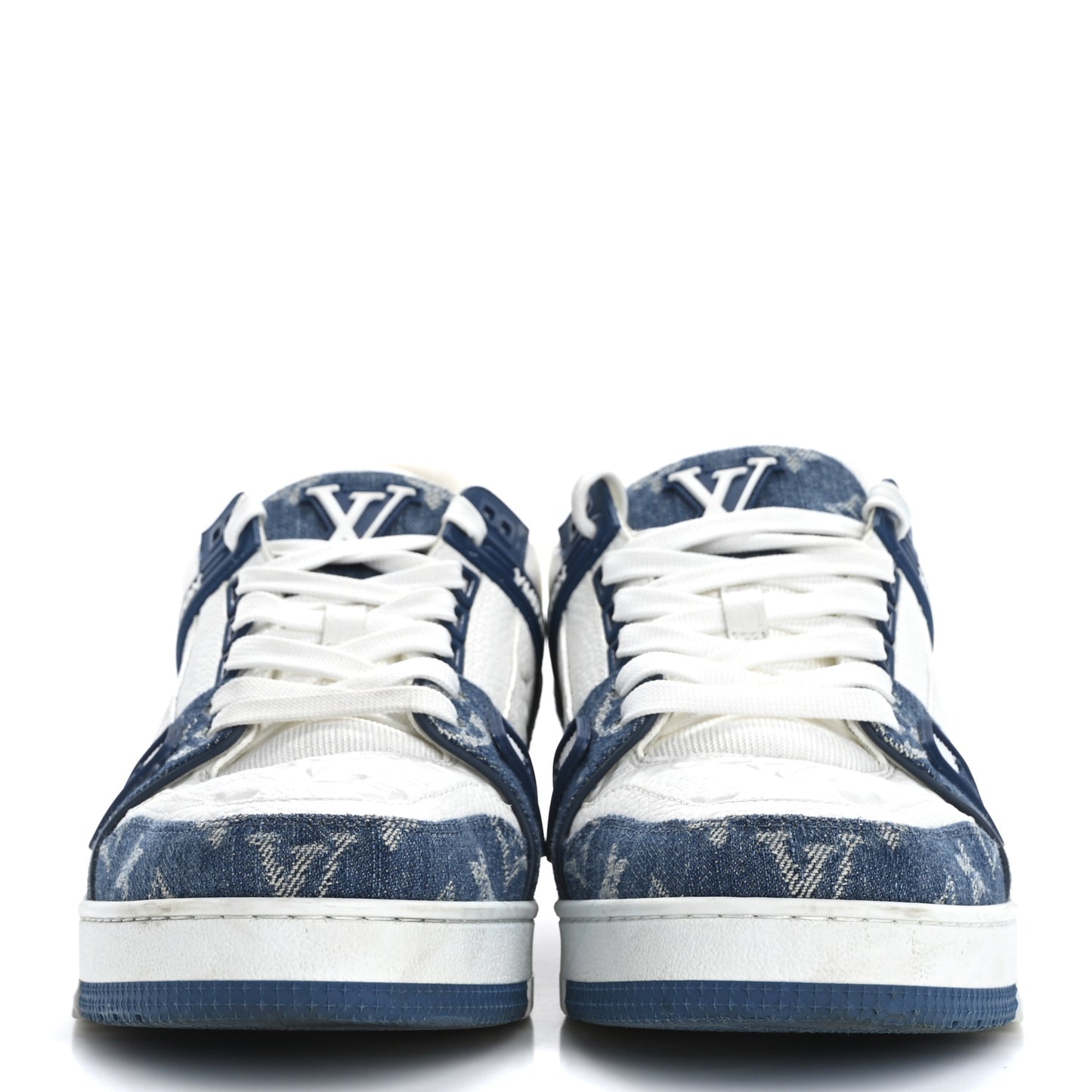Calfskin Embossed Monogram Denim Mens LV Trainer Sneakers 7.5 Blue
