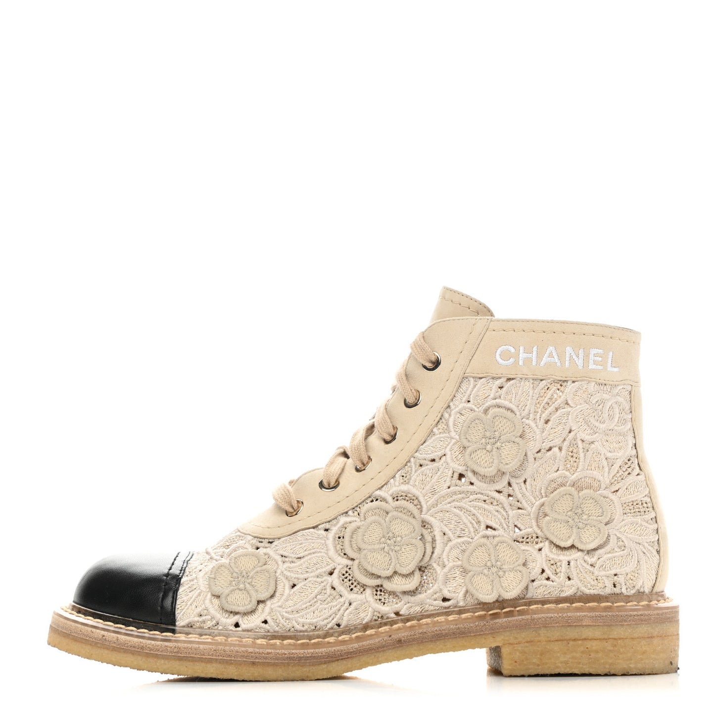Embroidered Flower Calfskin Lace Up Boots 39 Beige Black