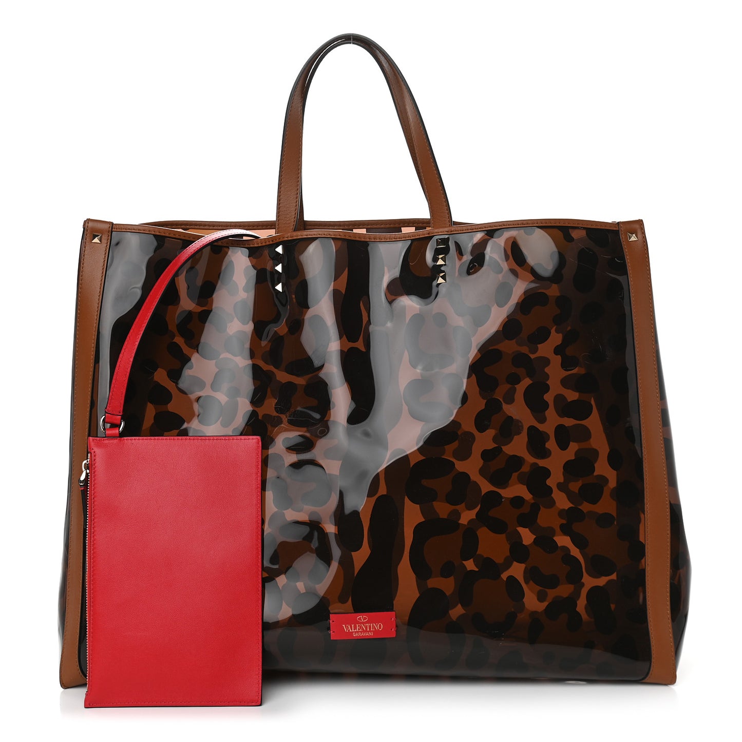 PVC Leopard Print Large Rockstud Shopping Tote Brown
