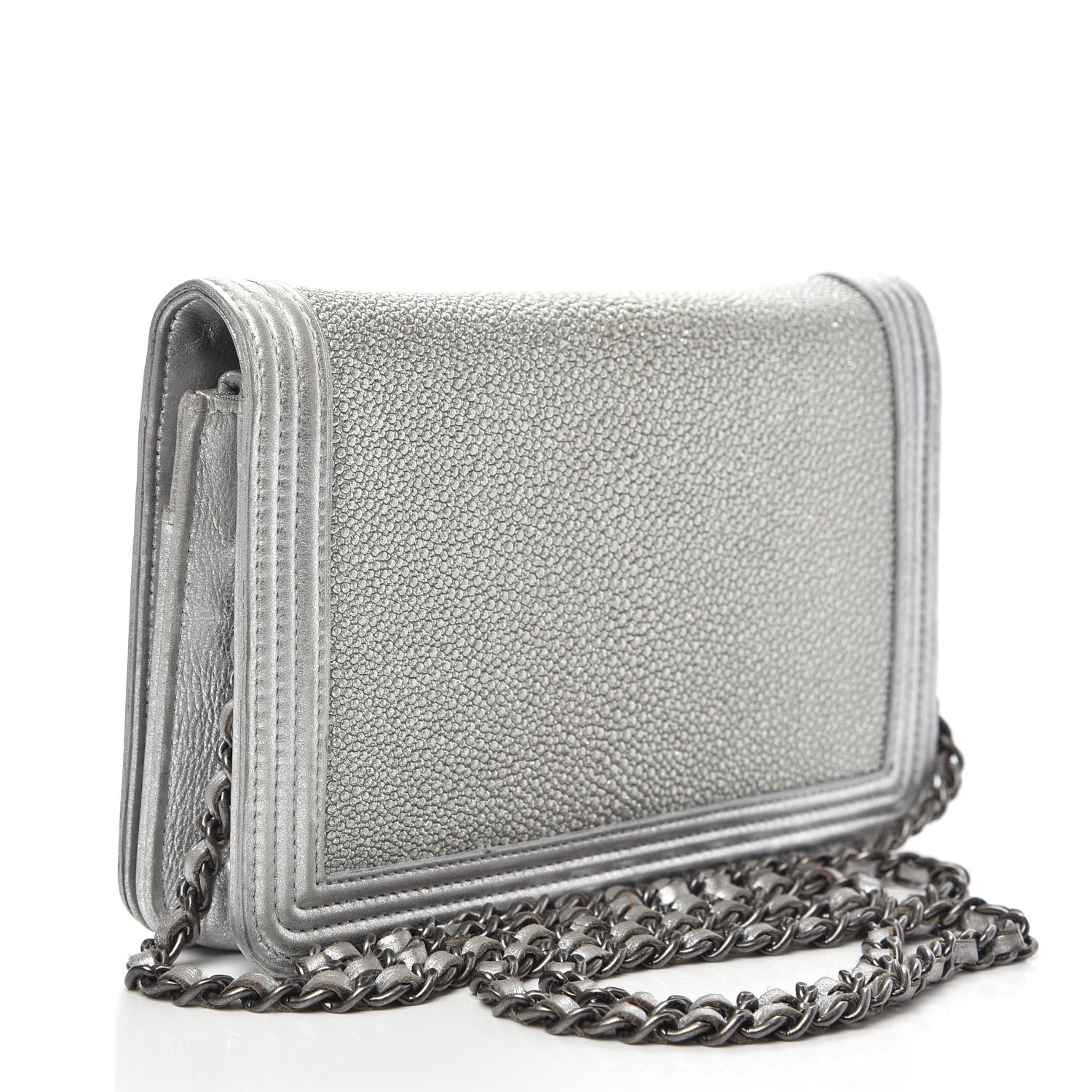 Chanel Metallic Galuchat Stingray Lambskin Boy Wallet On Chain WOC Silver 3 of 14