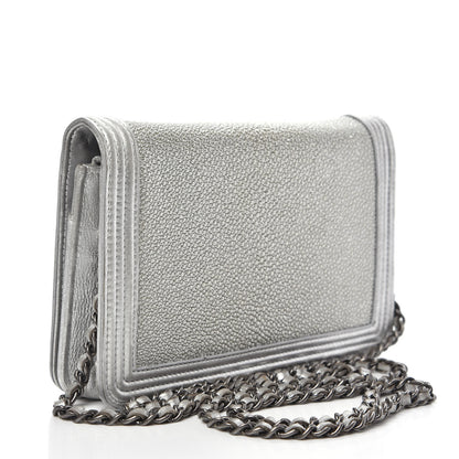 Chanel Metallic Galuchat Stingray Lambskin Boy Wallet On Chain WOC Silver 3 of 14