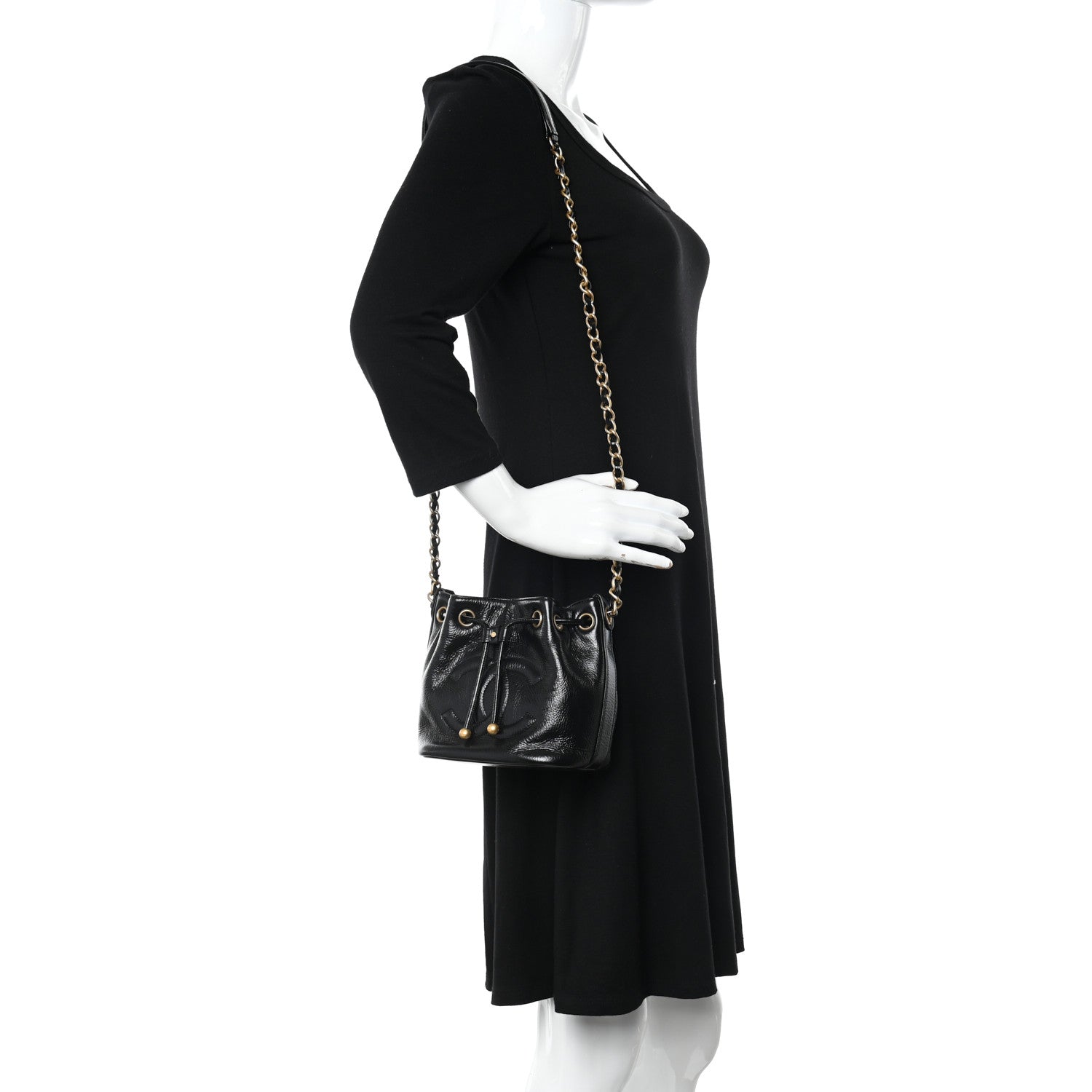 Chanel Shiny Aged Calfskin CC Chain Mini Drawstring Bag Black 2 of 10
