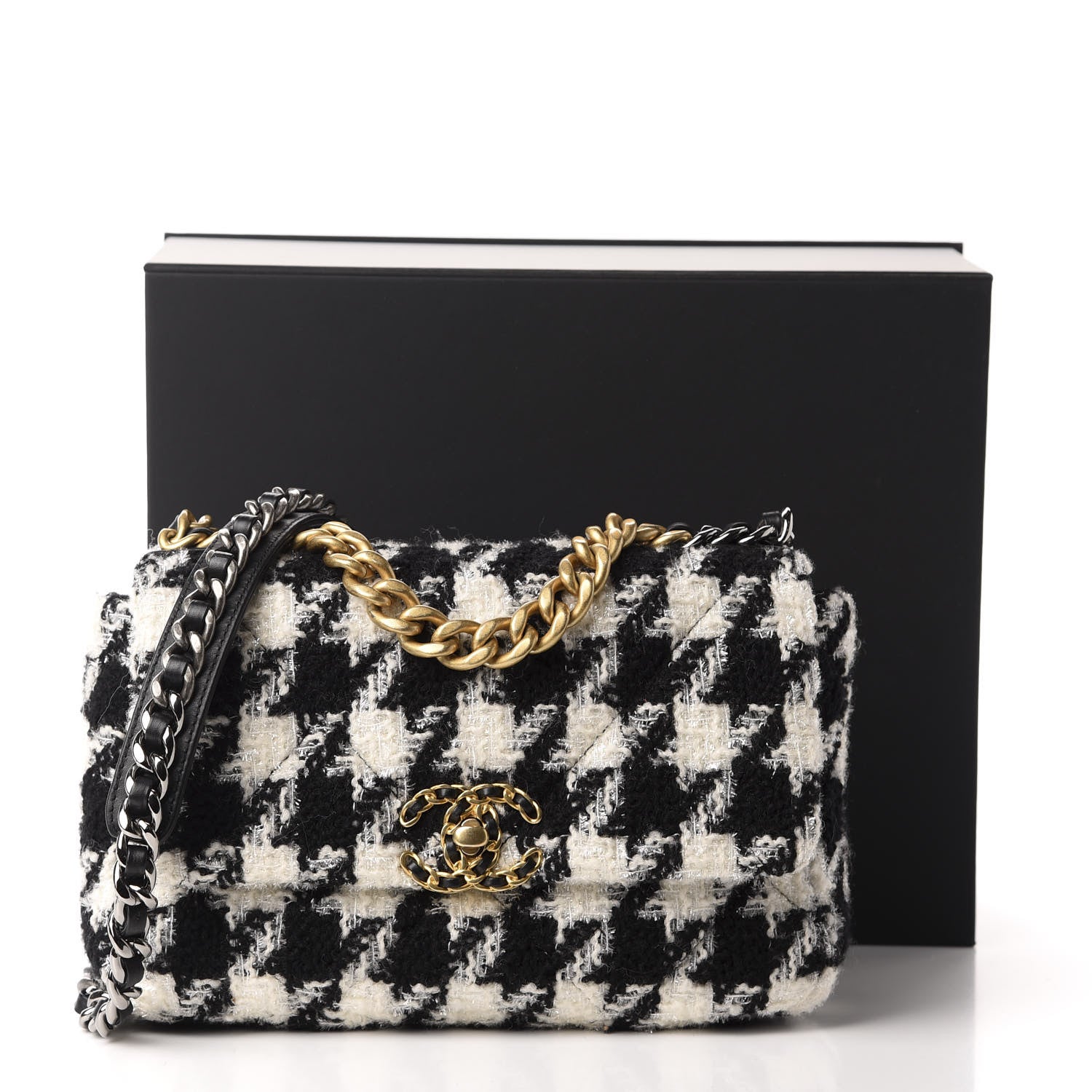 Chanel Tweed Quilted Medium 19 Flap Black Ecru White 11 of 11