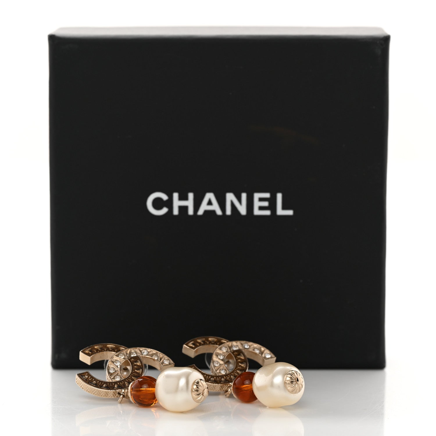 Chanel Crystal Pearl Resin CC Drop Earrings Gold White Brown 6 of 6
