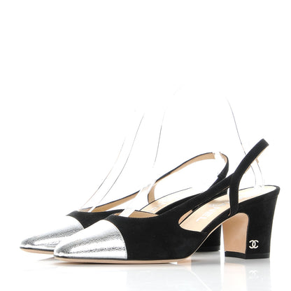 Chanel Kid Suede Metallic Lambskin Cap Toe CC Slingback Pumps 36 Black Silver 3 of 9