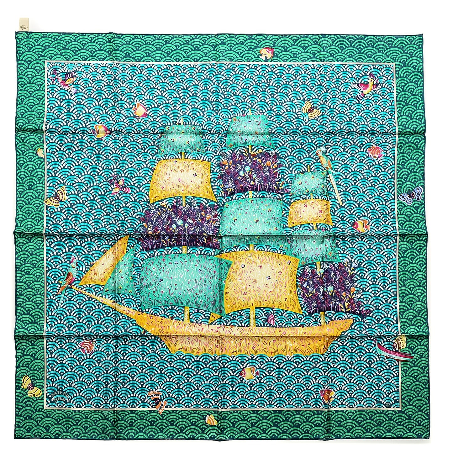 Silk Bateau Fleuri Scarf 90 Vert Canard Jaune