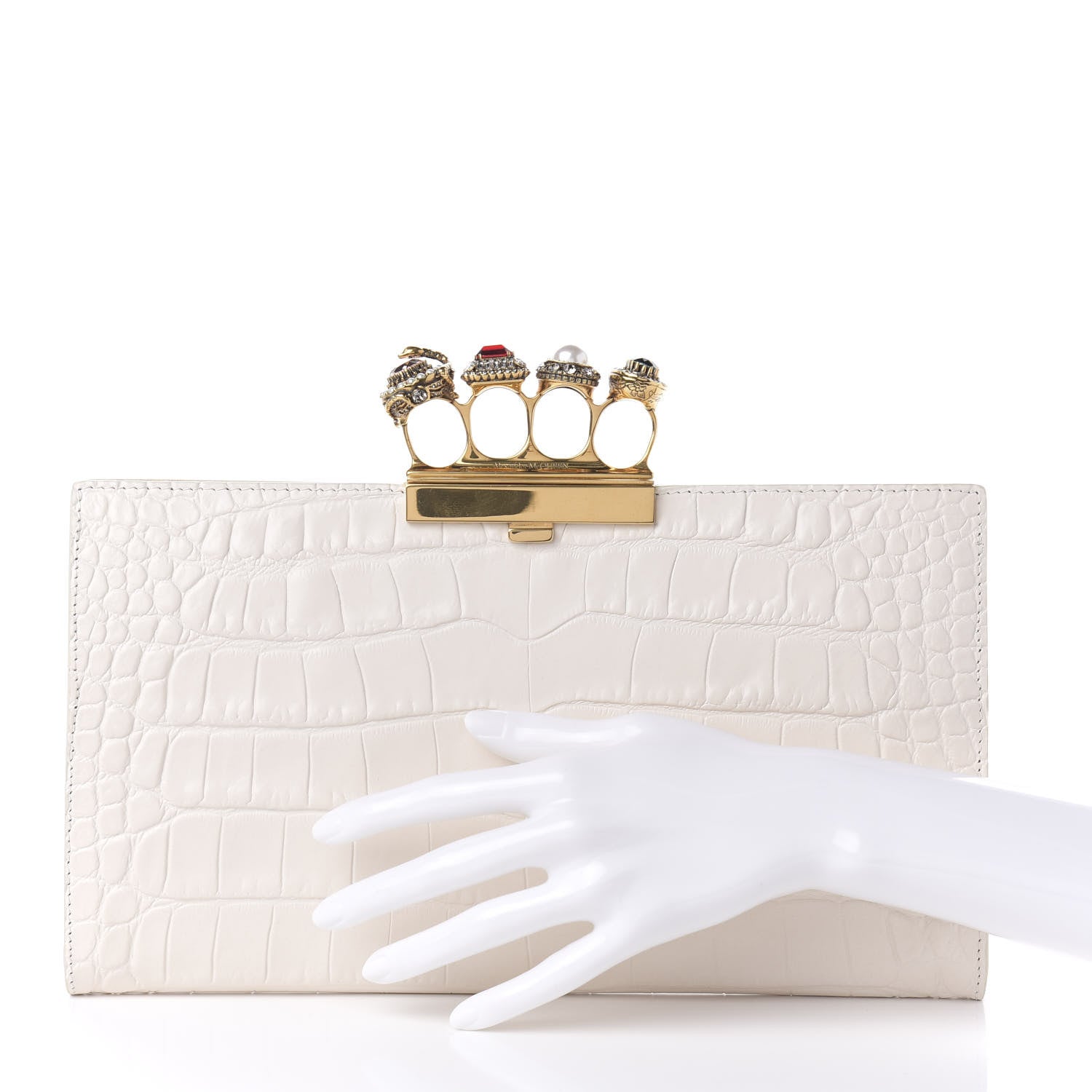 Alexander McQueen Calfskin Crocodile Embossed Knuckle Flat Clutch Off White Gold 2 of 10