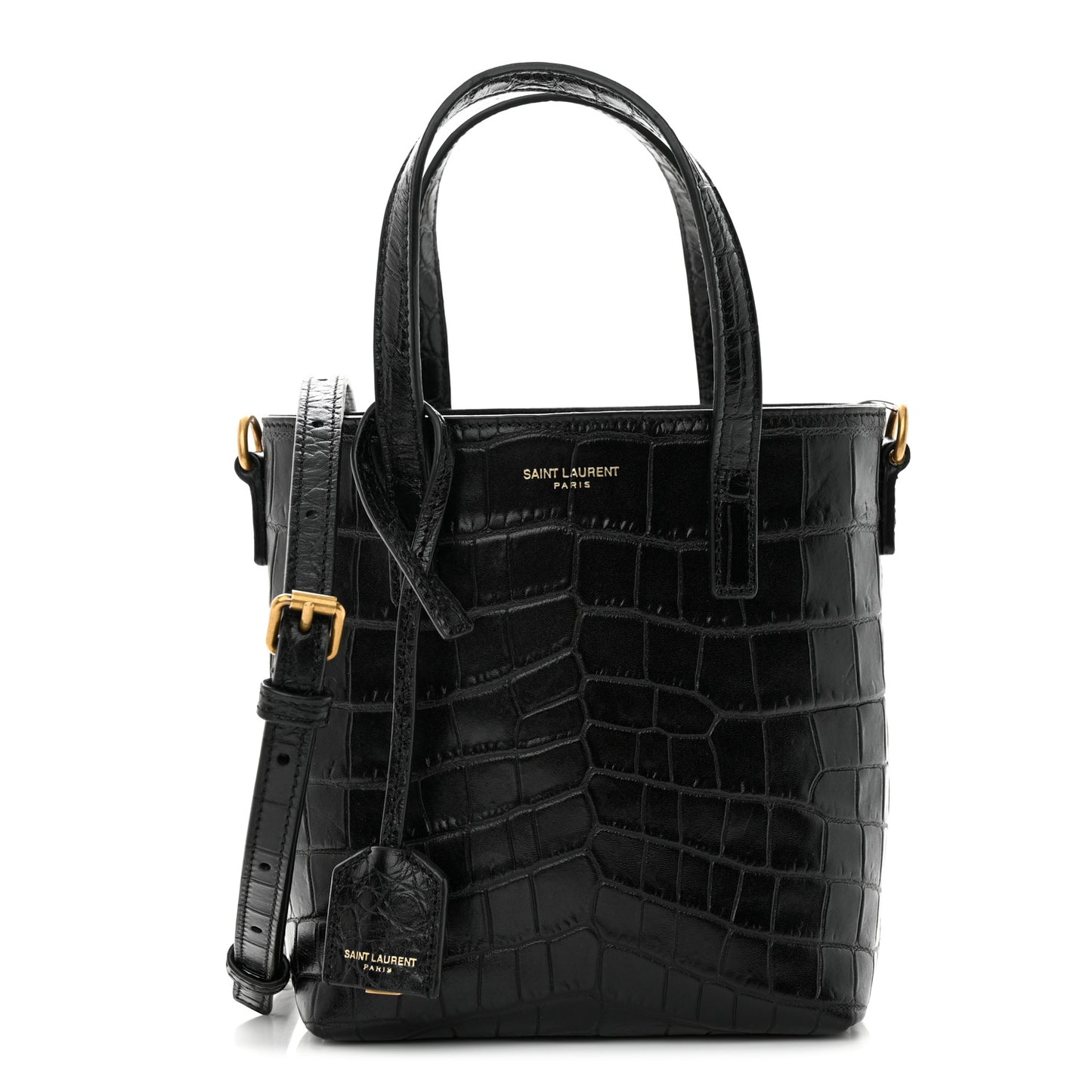 Calfskin Crocodile Embossed Paris Mini Toy Shopper Tote Black