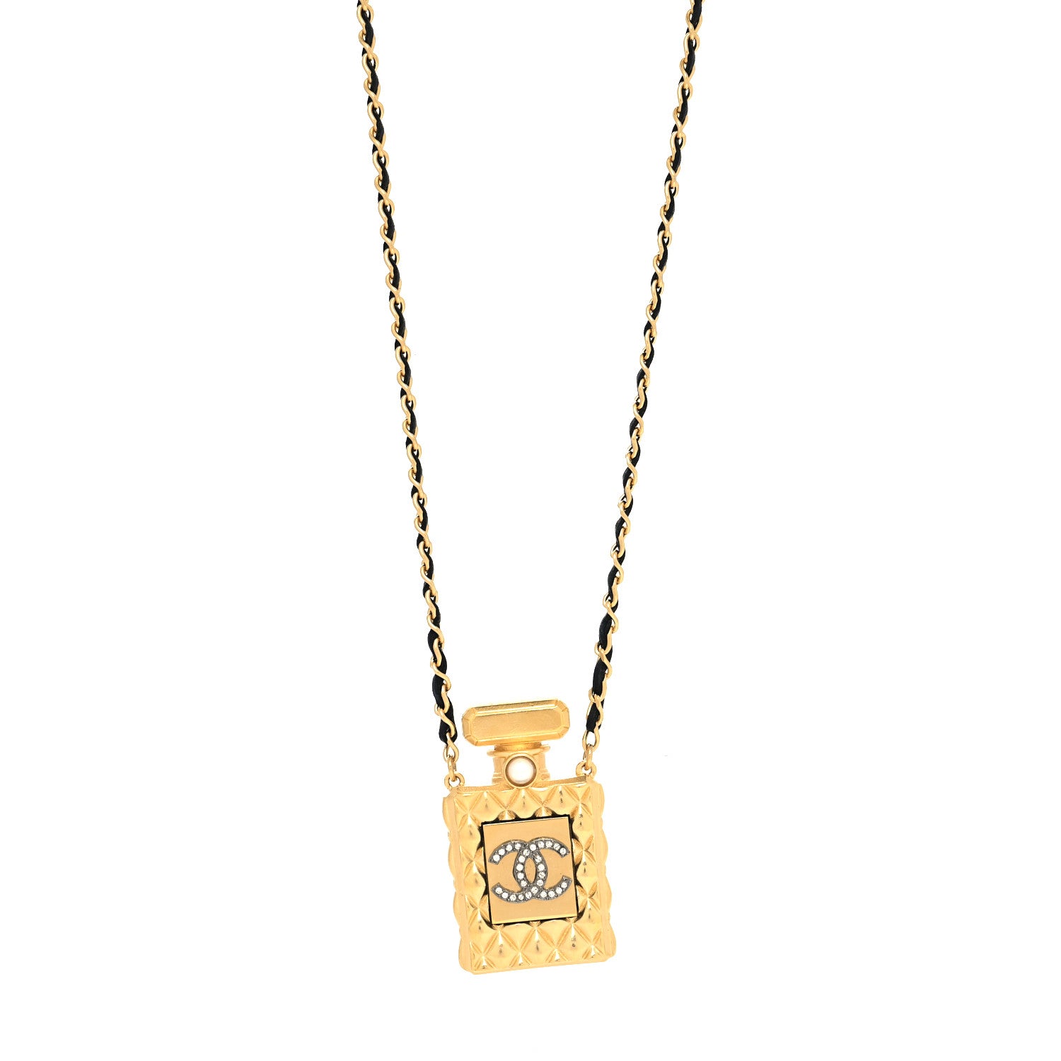 Chanel Crystal Pearl Perfume Bottle CC Necklace Gold 1 of 5