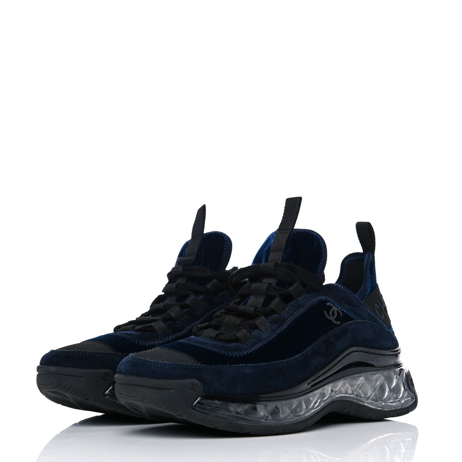 Chanel Suede Calfskin Velvet Grosgrain CC Sneakers 38 Navy Blue Black 3 of 8