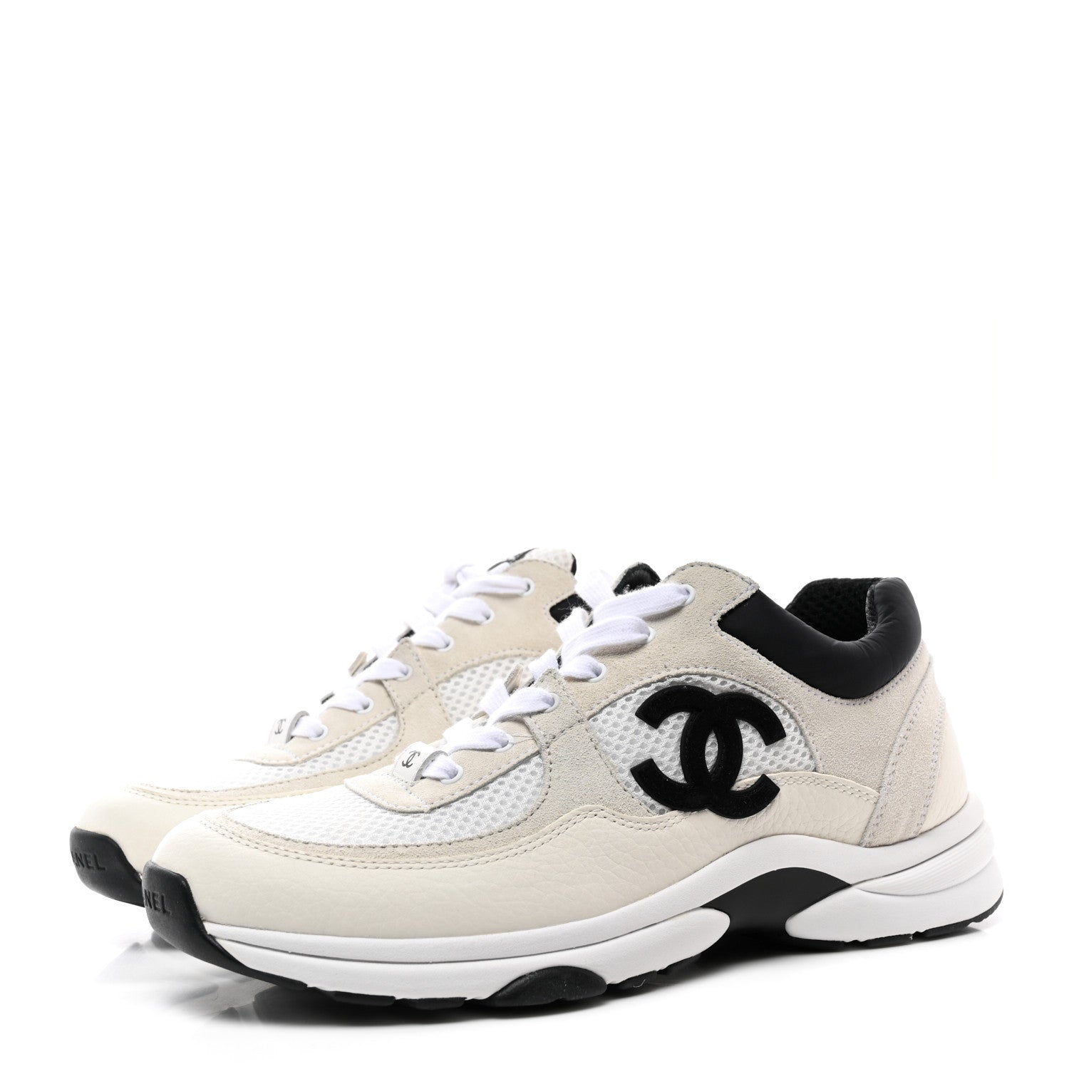 Chanel Mesh Suede Calfskin Grained Calfskin Womens CC Sneakers 39.5 White Black 3 of 9