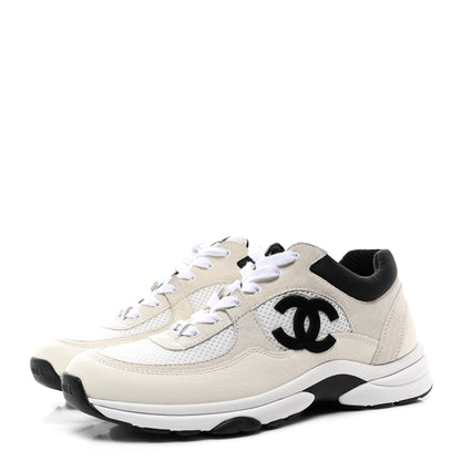 Chanel Mesh Suede Calfskin Grained Calfskin Womens CC Sneakers 39.5 White Black 3 of 9