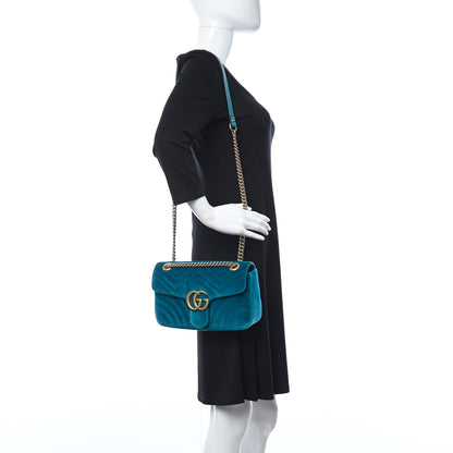Gucci Velvet Matelasse Small GG Marmont Shoulder Bag Pavone Cyan 2 of 13