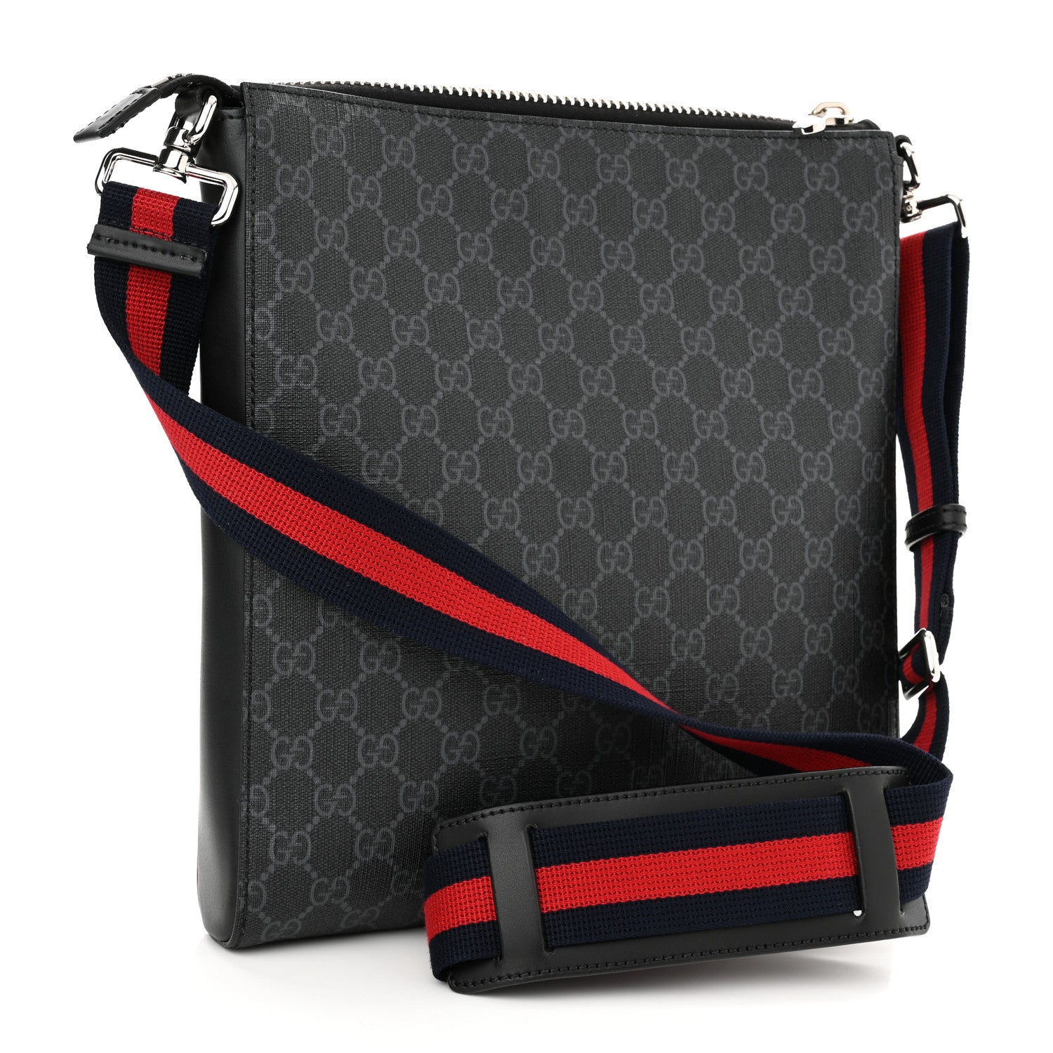 Gucci GG Supreme Monogram Appia Calfskin Web Flat Messenger Bag Black Grey 3 of 10