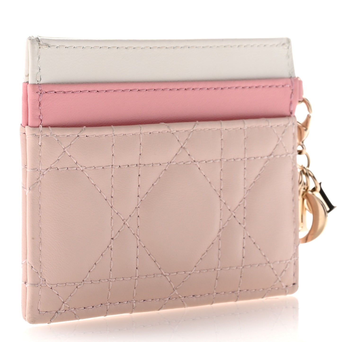 Lambskin Cannage Lady Dior Three-Tone Five-Slots Card Holder Powder Pink Melocoton Pink Latte