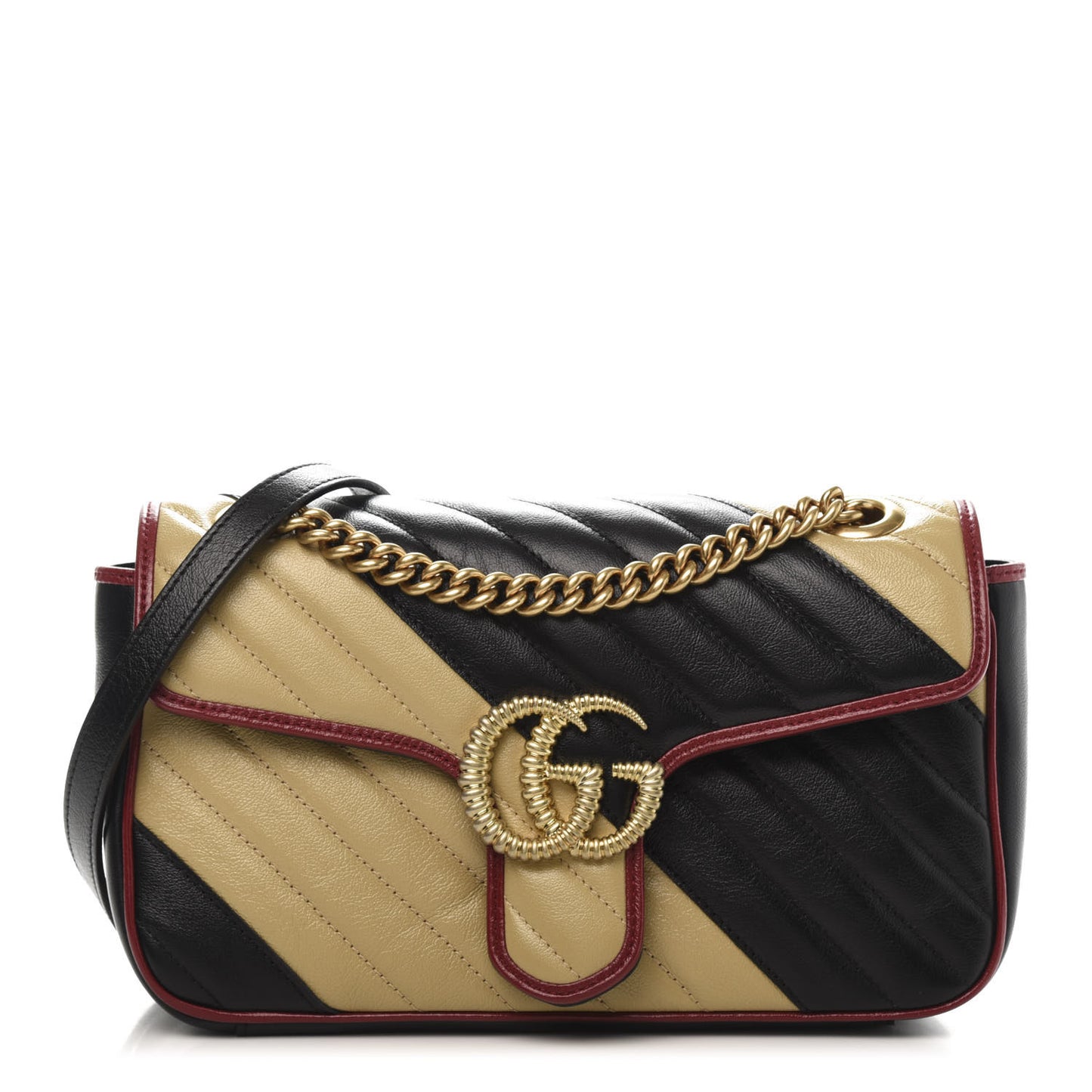 Vintage Effect Calfskin Matelasse Diagonal Striped Small Torchon GG Marmont Shoulder Bag Black Beige
