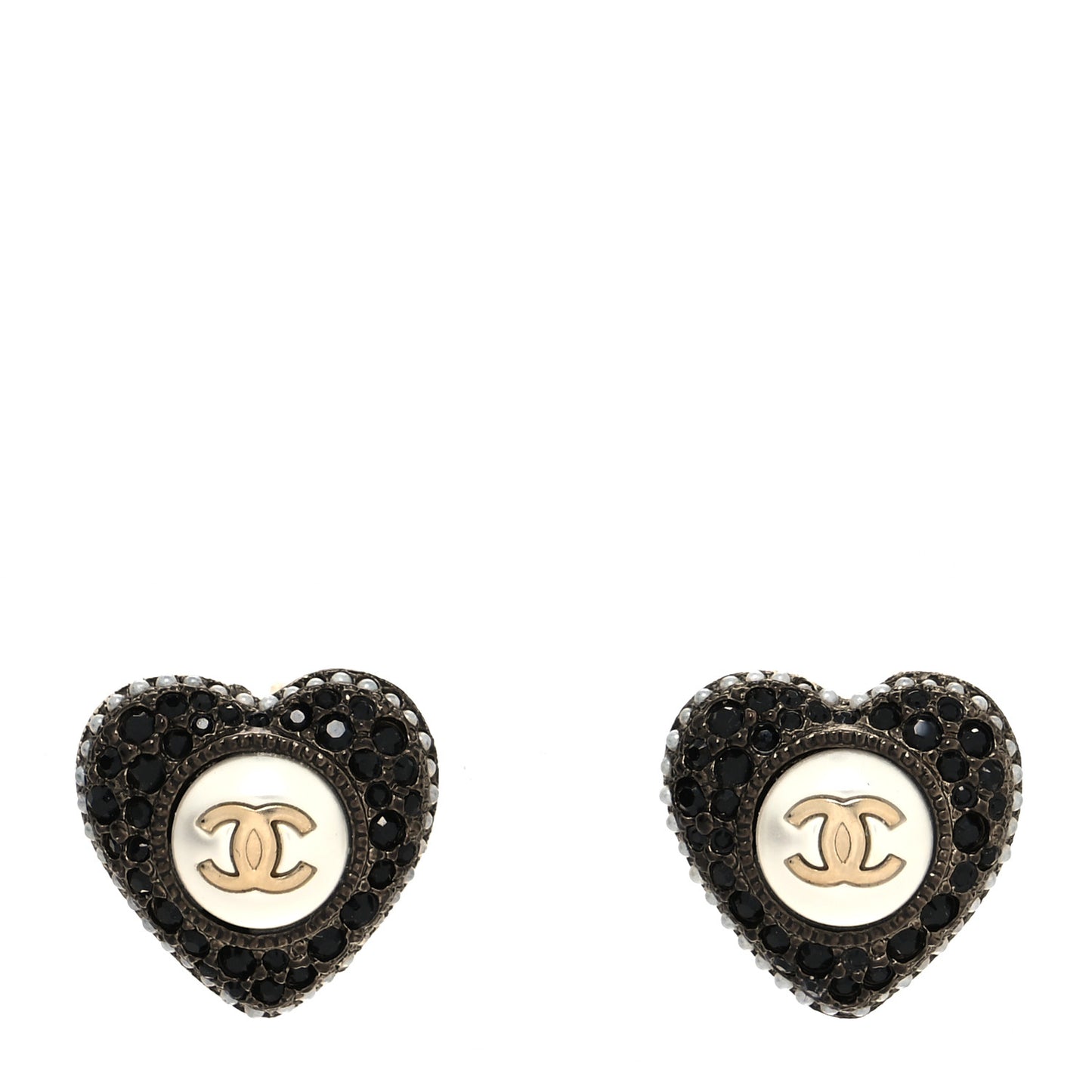 Pearl Crystal CC Heart Earrings Gold Black